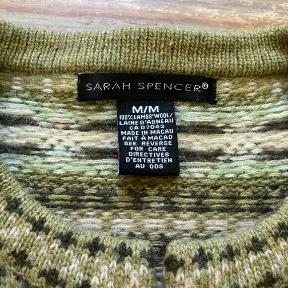 Sarah Spencer Fair Isle Cardigan Wool Sweater Metal Clasp 100% Lambswool Green - Picture 4 of 6